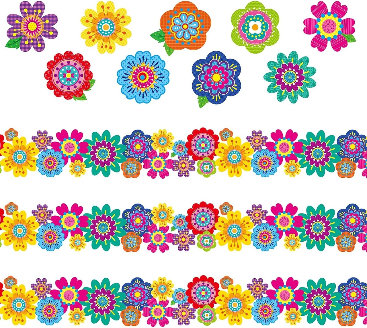 67 Pieces Spring Flower Bulletin Boards Decoration Set Included 37ft Bulletin Board Borders and 27 Pieces Flower Cutouts Offices Wall Decoration(Mixed Flowers)